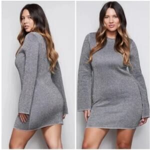 Good American Silver Metallic Sparkle Bell Sleeve Mini Dress Bodycon Size 4 XL